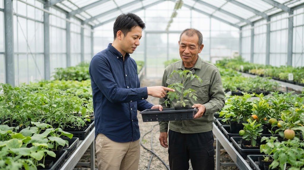 種苗法改正の内容を確認しながら登録品種一覧や制度変更のポイントを調べる男性を表すイメージ画像