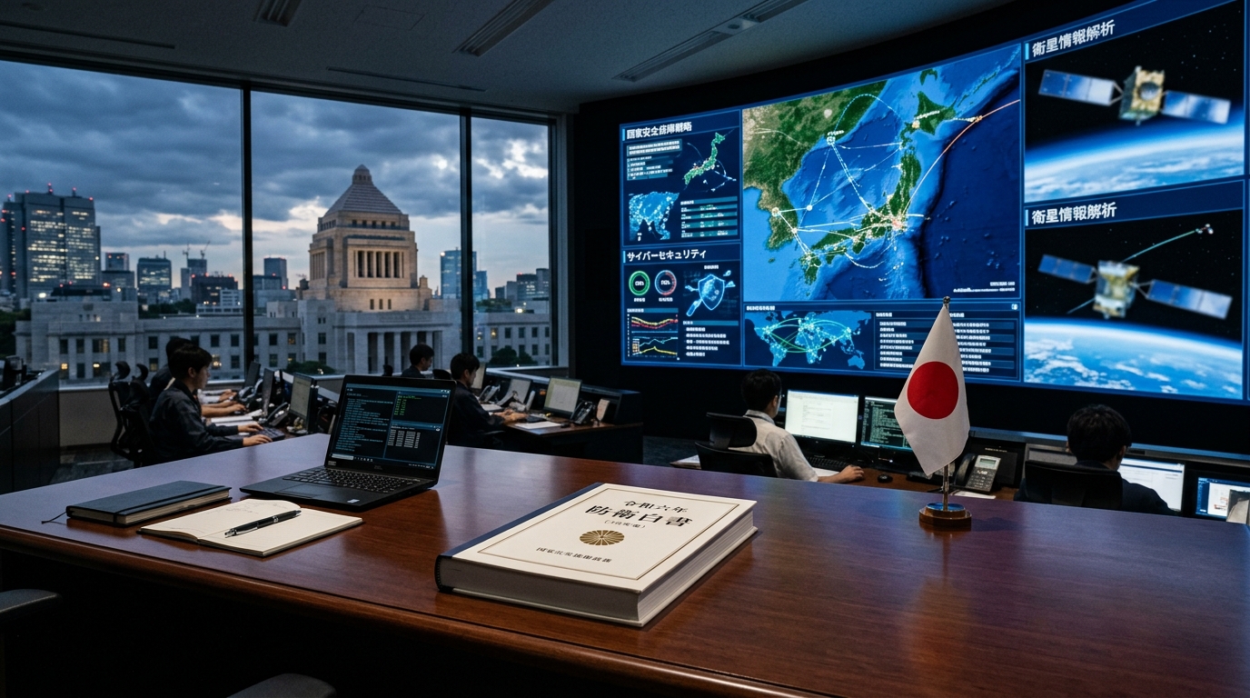 防衛白書 令和8年「新しい戦い」を象徴する資料やデジタル地図、安全保障をイメージした構成を表すイメージ画像