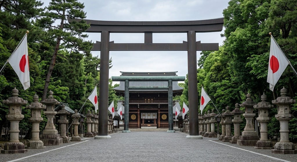靖国神社はなぜ問題になったのかを象徴する神社の境内や鳥居、歴史と合祀の経緯をイメージした風景画像