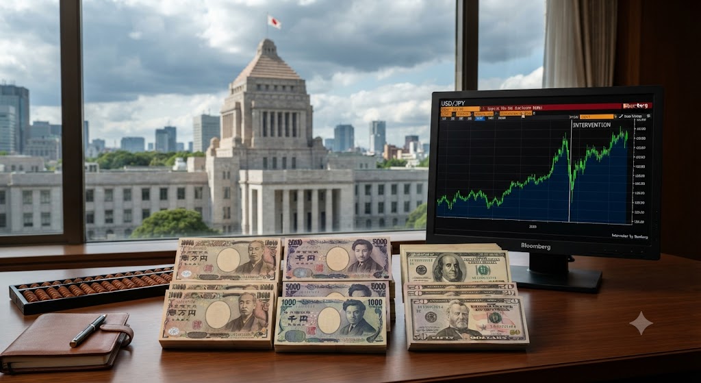 日米協調為替介入とは何かを象徴する為替チャートや円・ドルを連想させる金融市場の雰囲気を表したイメージ画像