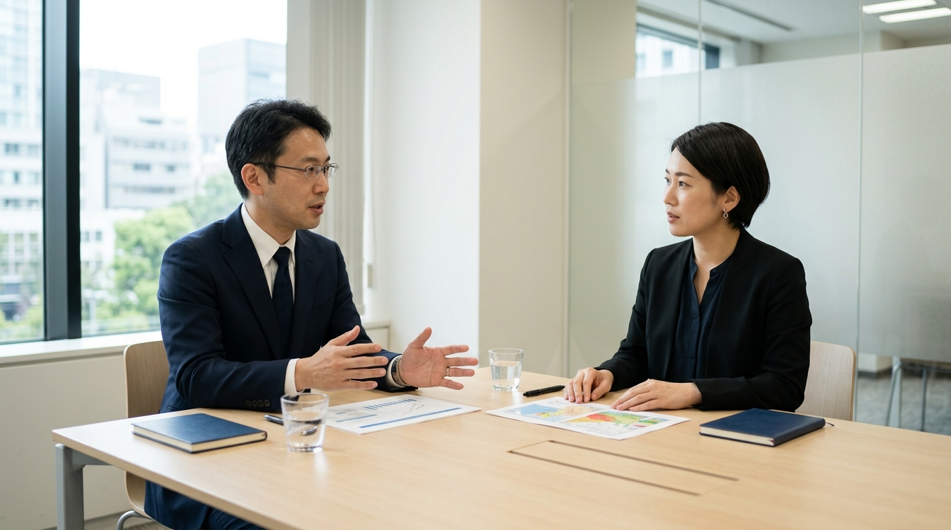非常災害対策本部と緊急災害対策本部の違いを理解するため、男性職員が災害対策本部で情報を確認し対応を進める様子を表すイメージ画像