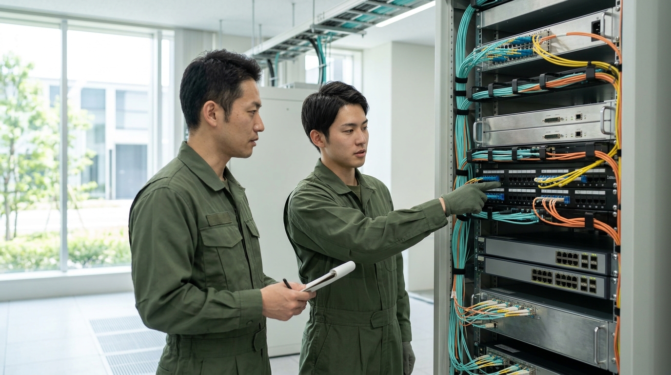 自衛隊の情報基盤にIOWN導入をイメージした、男性が最新の通信システムを確認し防衛分野の技術革新に向き合う様子を表すイメージ画像