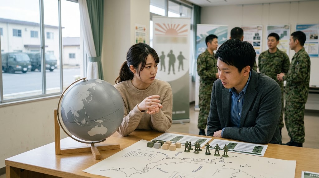 自衛隊で外国人採用は実現するかをテーマに、女性隊員が資料を確認しながら組織の将来を考える様子を表すイメージ画像